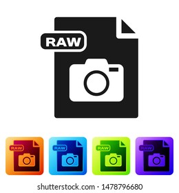 Black RAW file document. Download raw button icon isolated on white background. RAW file symbol. Set icons in color square buttons. Vector Illustration