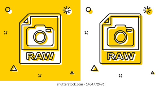 Black RAW file document. Download raw button icon isolated on yellow and white background. RAW file symbol. Random dynamic shapes. Vector Illustration