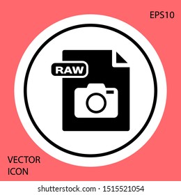 Black RAW file document. Download raw button icon isolated on red background. RAW file symbol. White circle button. Vector Illustration