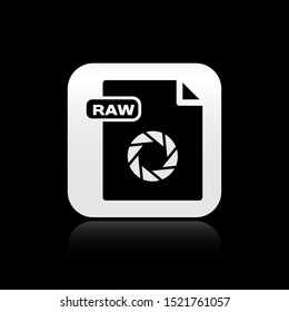 Black RAW file document. Download raw button icon isolated on black background. RAW file symbol. Silver square button. Vector Illustration