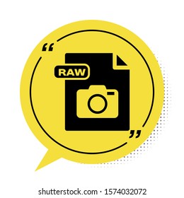 Black RAW file document. Download raw button icon isolated on white background. RAW file symbol. Yellow speech bubble symbol. Vector Illustration