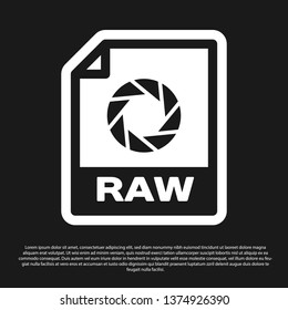 Black RAW file document icon. Download raw button icon isolated on black background. RAW file symbol. Vector Illustration