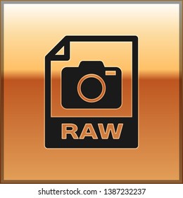 Black RAW file document icon. Download raw button icon isolated on gold background. RAW file symbol. Vector Illustration