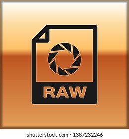 Black RAW file document icon. Download raw button icon isolated on gold background. RAW file symbol. Vector Illustration