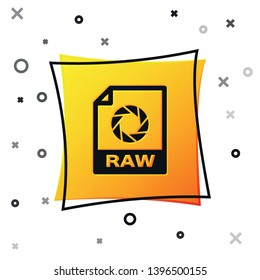 Black RAW file document icon. Download raw button icon isolated on white background. RAW file symbol. Yellow square button. Vector Illustration