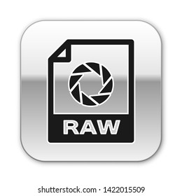 Black RAW file document icon. Download raw button icon isolated on white background. RAW file symbol. Silver square button. Vector Illustration