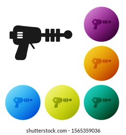 Black Ray gun icon isolated on white background. Laser weapon. Space blaster. Set icons colorful circle buttons. Vector Illustration