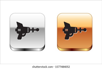 Black Ray gun icon isolated on white background. Laser weapon. Space blaster. Silver-gold square button. Vector Illustration
