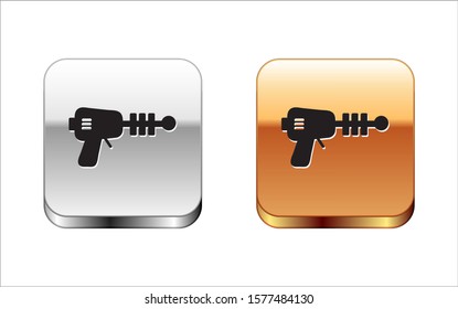 Black Ray gun icon isolated on white background. Laser weapon. Space blaster. Silver-gold square button. Vector Illustration