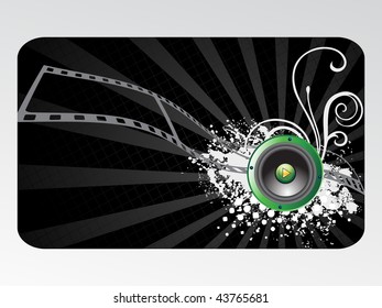 black rays background with filmstrip, grungy button