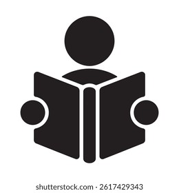 Black Reading Icon Featuring a Person Holding an Open Book Representing Education, Learning, and Knowledge for Libraries, Study Editable Vector Illustration isolated on a white background