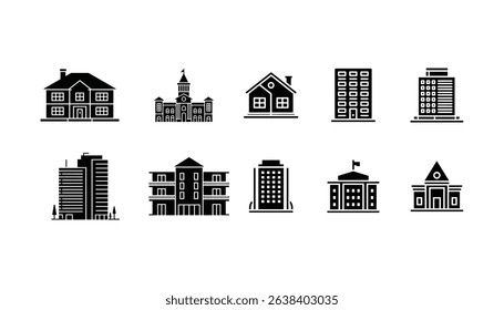 Black Real Estate and Architecture Icon Set: Residential, Commercial, and Institutional Buildings
