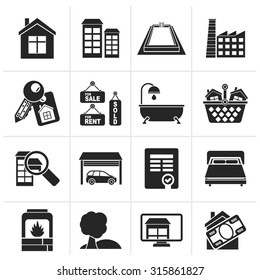 Black Real Estate objects and Icons - Vector Icon Set