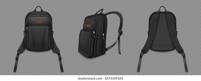 Schwarzes realistisches 3D Rucksack Mockup mit Kordelzug, Tasche und Reißverschluss vorne, Seite und Rückseite. Vektorgrafik Vorlage von Schul- oder Reise-Rucksacktasche mit Handgriff. Lederrucksack aus Leder mit Riemen.