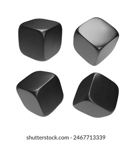 Black realistic 3d cube. Icon in flight closeup isolated on white background. Vector illustration.