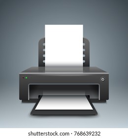Black realistic 3d printer. Paper A4 icon on the grey background