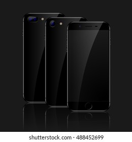 Black Realistic 3d smart phone. Vector illustration of  jet black phone. Perspective view of mockup. Smartphone front and back view.