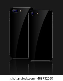 Black Realistic 3d Vector illustration of cell phone. Perspective view of smartphone mockup. Smartphone front and back view. New modern Cellphone mockup with dual camera.