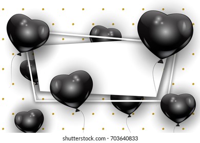 Black realistic balloons in shape of heart flying over gold dots background, vector illustration. White modern frame with space for text, banner black and white concept.