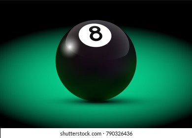 Black realistic billiard eight ball on green table. Vector billiard illustration.