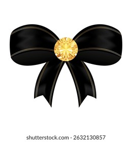 Black realistic bow with gemstone. Satin tied ribbon isolated on white background. Vector element template for business card, banner, poster, notebook, invitation 