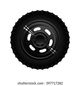 black realistic car wheel on white background
