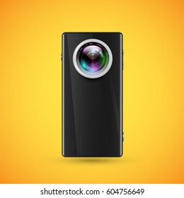 Black realistic cellphone with a camera objective, vector illustration