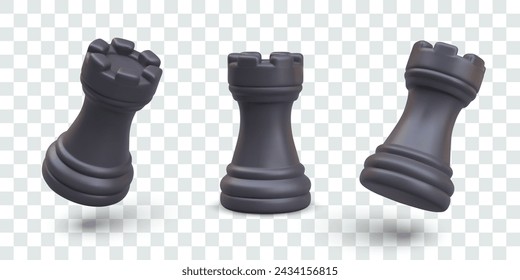 Black realistic chess rook in vertical and tilted position. Chessman, element of strategic game