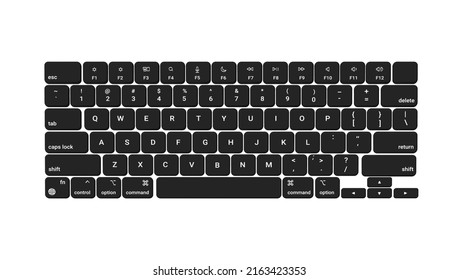 Black realistic computer keyboard. Plastic wireless equipment for digital text input and gaming industry multimedia buttons with vector symbols