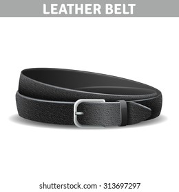 Black realistic curled leather belt with metal buckle isolated vector illustration 