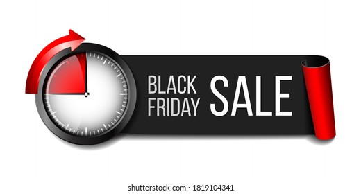 Black realistic curved paper banner ribbon with timer for Black friday super sale. Vector illustration