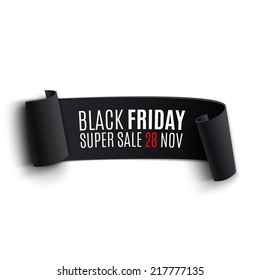 Black realistic curved paper banner. Ribbon. Black friday super sale. Vector illustration