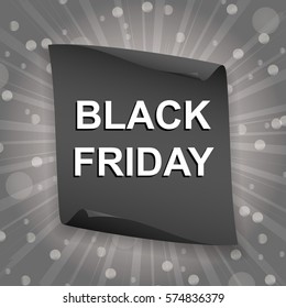 Black realistic curved paper banner on lite blurred background. Ribbon. Black Friday sale