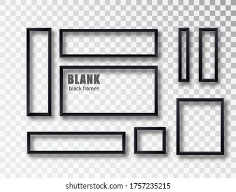 Black realistic empty picture frame on transparent background. Blank black picture frame mockup template isolated. Vector illustration