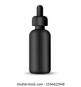 Black realistic empty serum bottle for cosmetic fluids Vector isolated object on a white background. Mock up for banner, card, brochure and booklet. Product packaging illustration.
