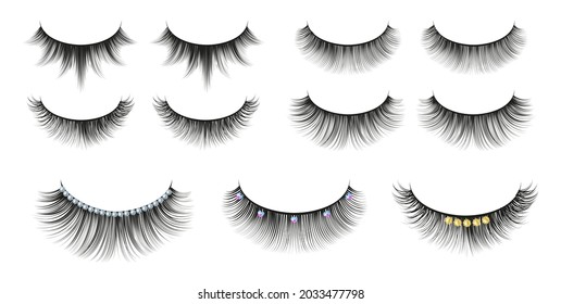 Black realistic eyelashes. Diamonds eyelash, cosmetics shine accessories. Isolated female beauty elements, luxury fashion vector collection