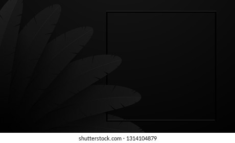 Black realistic feather background. Abstract composition.