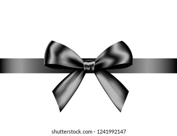 Black realistic gift bow with horizontal  ribbon isolated on white background. Vector holiday design element  for banner, greeting card, poster.
