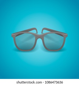 Black realistic glasses isolated on blue background. Vector illustration.