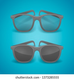 Black realistic glasses and sunglasses isolated on blue background. Vector illustration.