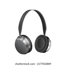 Black realistic headphones gaming headset. Listening audio electronic device diagonal side view isolated on white. Wireless 3d stereo headset accessories. Vector illustration