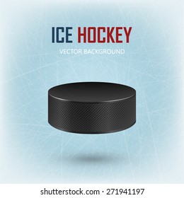 Black realistic hockey puck on ice rink - vector EPS10 background. 