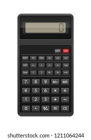 Black realistic included calculator, number zero on display, buttons. Office stationery device for calculations, bookkeeping, report preparation. EPS10 vector illustration isolated white background.