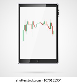 Black realistic large vertical smart touch mobile tablet computer with Japanese candles, interval chart of changes in stock quotes, prices for raw materials, vector illustration