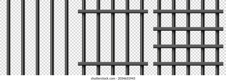 Black realistic metal prison bars. Detailed jail cage, prison iron fence. Criminal background mockup. Creative vector illustration.