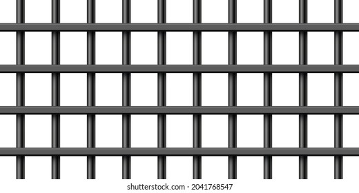 Black realistic metal prison bars isolated on white background. Detailed jail cage, prison iron fence. Criminal background mockup. Creative vector illustration.