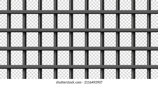 Black realistic metal prison bars. Detailed jail cage, prison iron fence. Criminal background mockup. Creative vector illustration.