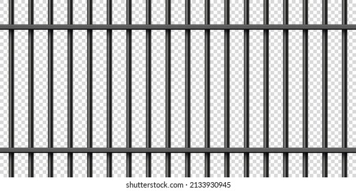 Black realistic metal prison bars. Detailed jail cage, prison iron fence. Criminal background mockup. Creative vector illustration.