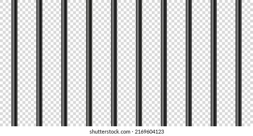 Black realistic metal prison bars. Detailed jail cage, prison iron fence. Criminal background mockup. Creative vector illustration.