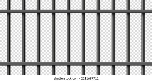 Black realistic metal prison bars. Detailed jail cage, prison iron fence. Criminal background mockup. Creative vector illustration.